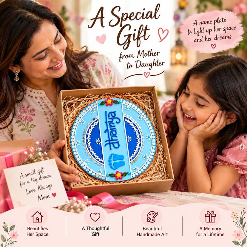 Ayodhya Lippan Art and Candle Store Blue Shubh Labh Decorative Wall Plate with Mirror Work, Floral Motifs and Traditional Home Décor Design view 2