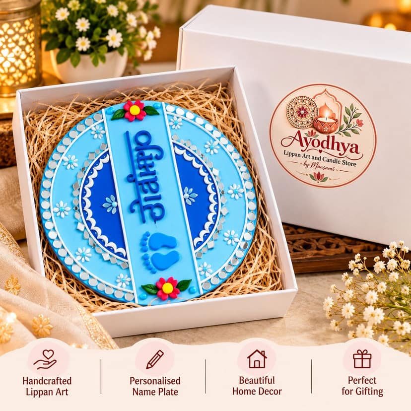 Ayodhya Lippan Art and Candle Store Blue Shubh Labh Decorative Wall Plate with Mirror Work, Floral Motifs and Traditional Home Décor Design view 3