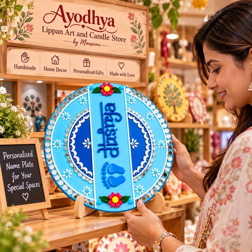 Ayodhya Lippan Art and Candle Store Blue Shubh Labh Decorative Wall Plate with Mirror Work, Floral Motifs and Traditional Home Décor Design view 4