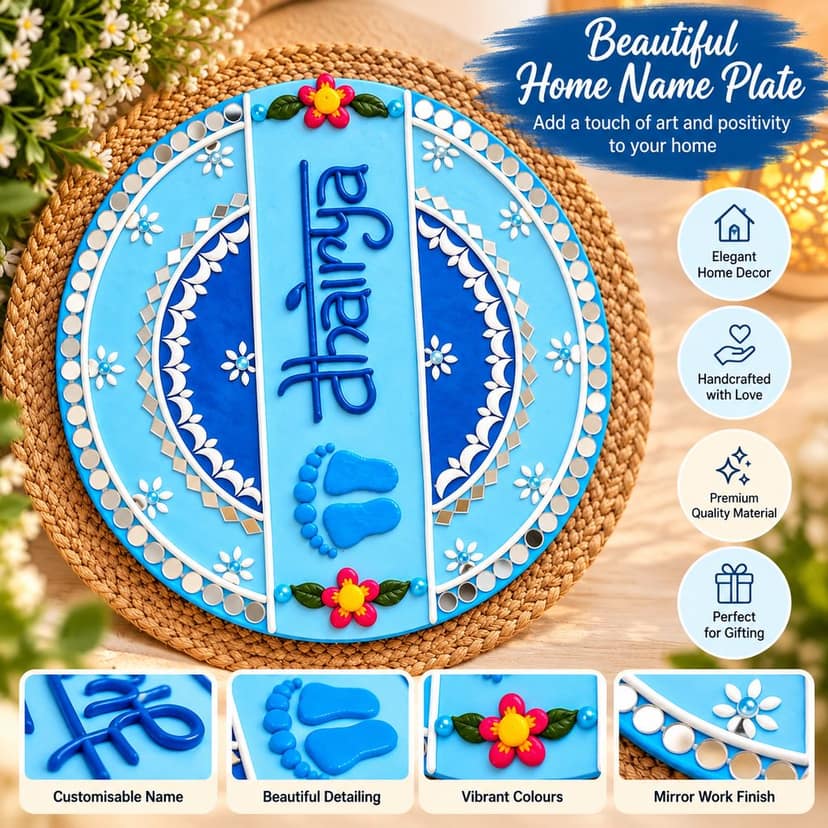 Ayodhya Lippan Art and Candle Store Blue Shubh Labh Decorative Wall Plate with Mirror Work, Floral Motifs and Traditional Home Décor Design view 5