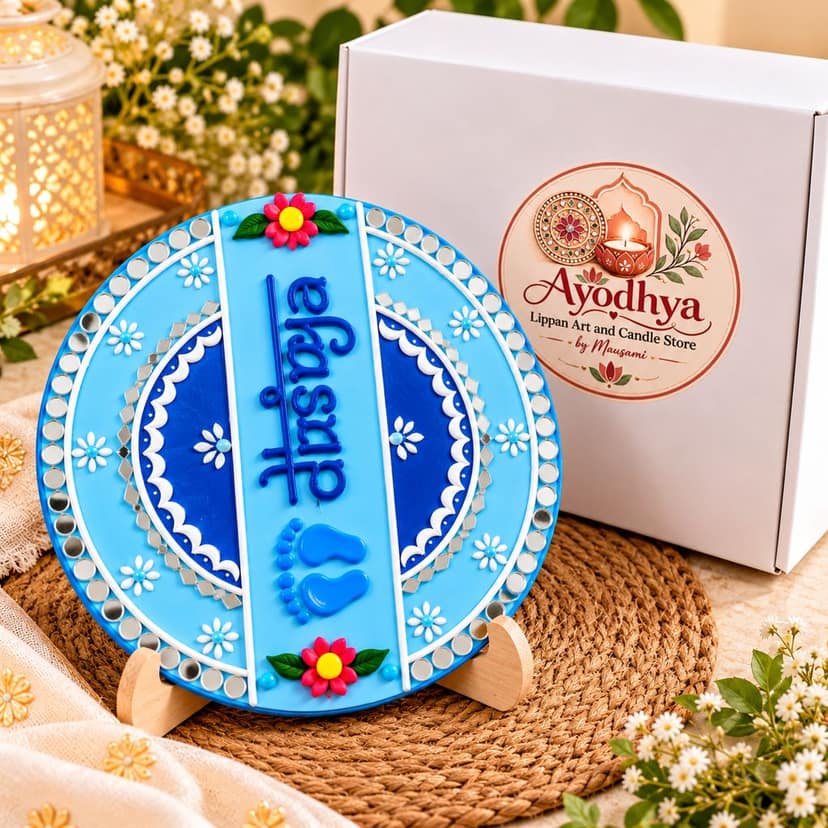 Ayodhya Lippan Art and Candle Store Blue Shubh Labh Decorative Wall Plate with Mirror Work, Floral Motifs and Traditional Home Décor Design view 6