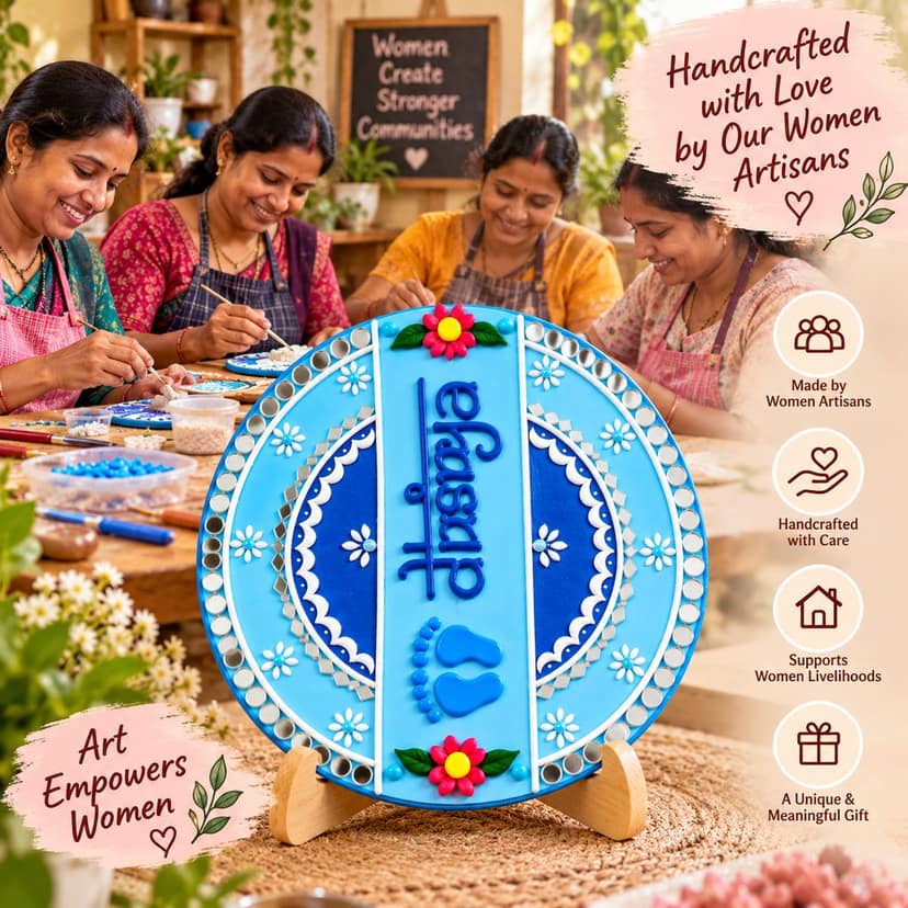 Ayodhya Lippan Art and Candle Store Blue Shubh Labh Decorative Wall Plate with Mirror Work, Floral Motifs and Traditional Home Décor Design view 7