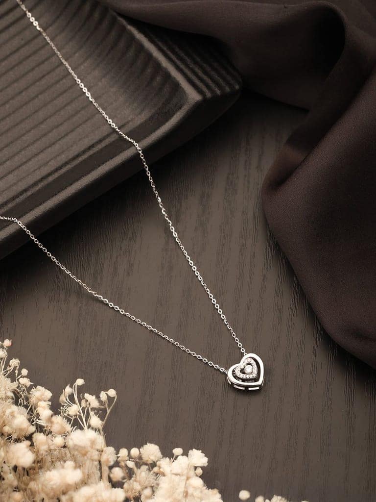 925 Sterling Silver Zircon Studded Heart Shaped Minimal Pendant Necklace & Chain