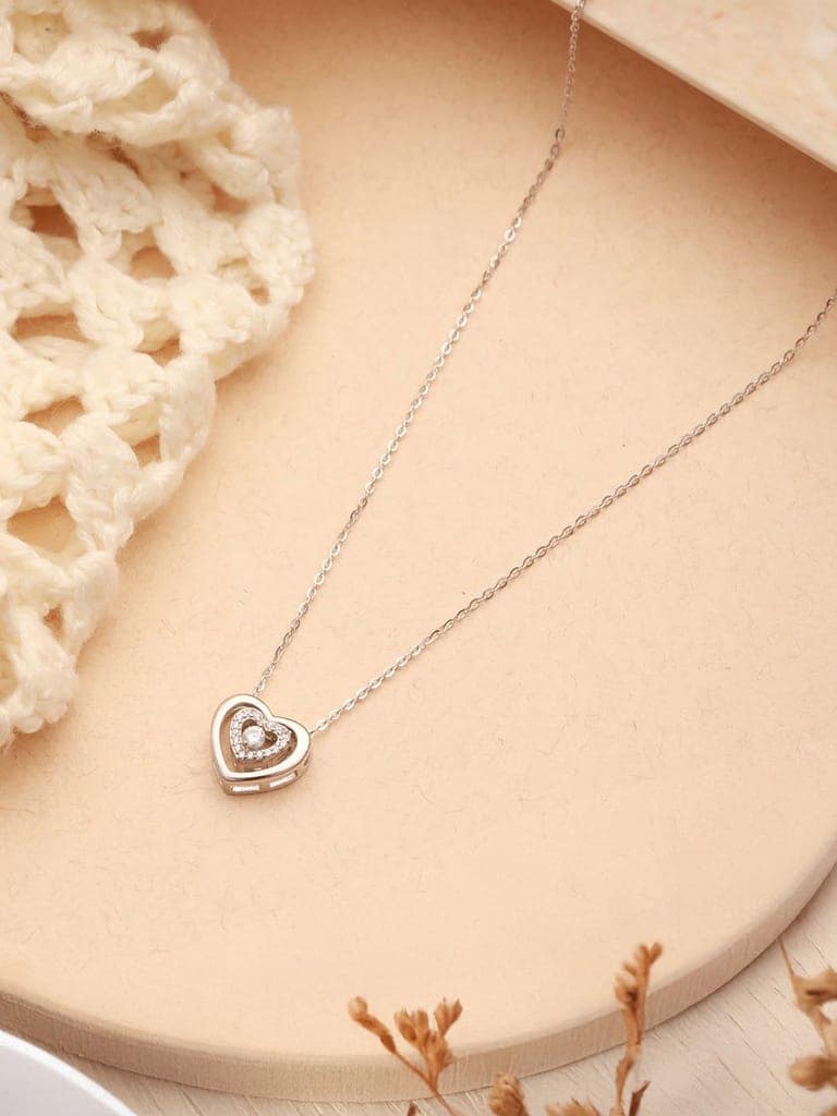 925 Sterling Silver Zircon Studded Heart Shaped Minimal Pendant Necklace & Chain view 7