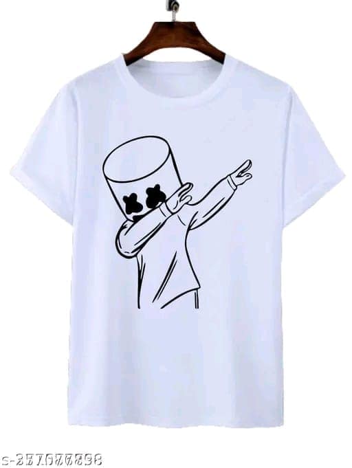 Men's White Graphic T-Shirt Featuring a Black Outline of Marshmello Dabbing view 3