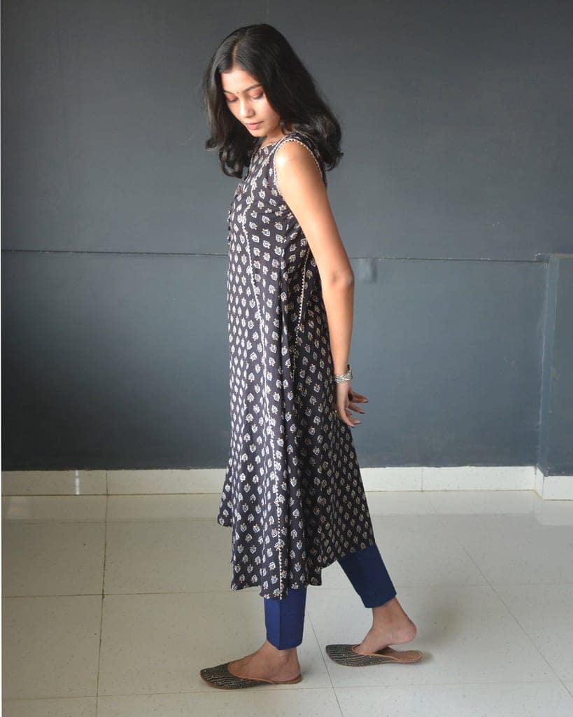 Anokhi Black Ajrakh Print Kalidar Cotton Kurtis For Women view 3