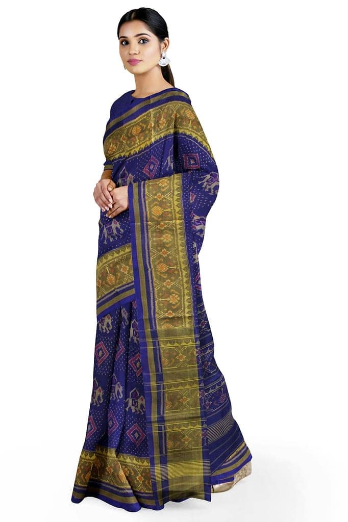 Garvi Gurjari (A Gujarat Govt Enterprise Women Blue Shaded Handloom Single Ikat Silk Patola Saree (GGCSIKS141)