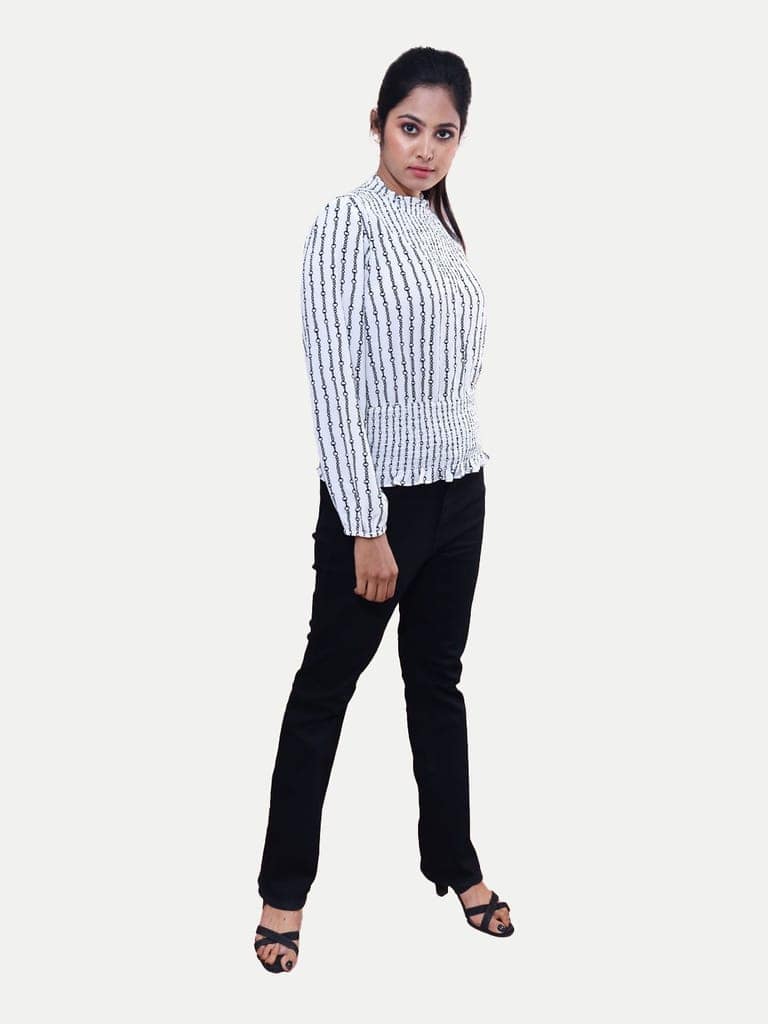 Women Printed White Blouse With Smocked Detailing view 2