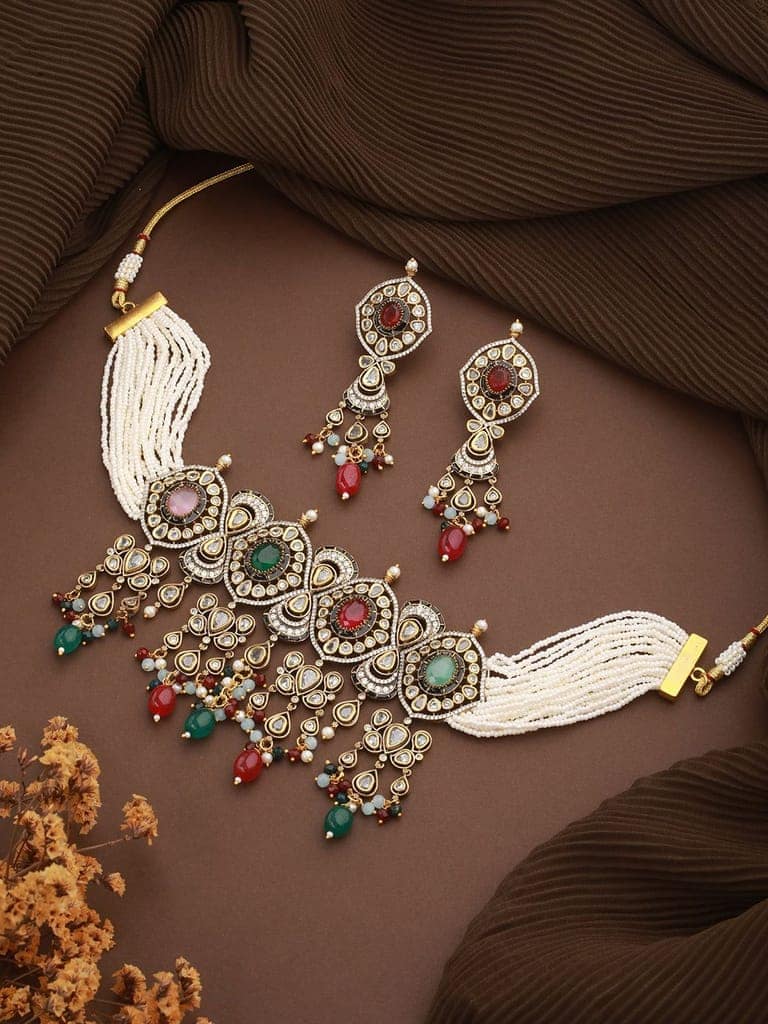 Gold Plated Kundan Studded Multicoloured Bridal Designer Choker Necklace Jewellery set view 2