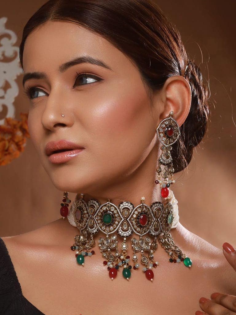 Gold Plated Kundan Studded Multicoloured Bridal Designer Choker Necklace Jewellery set view 3