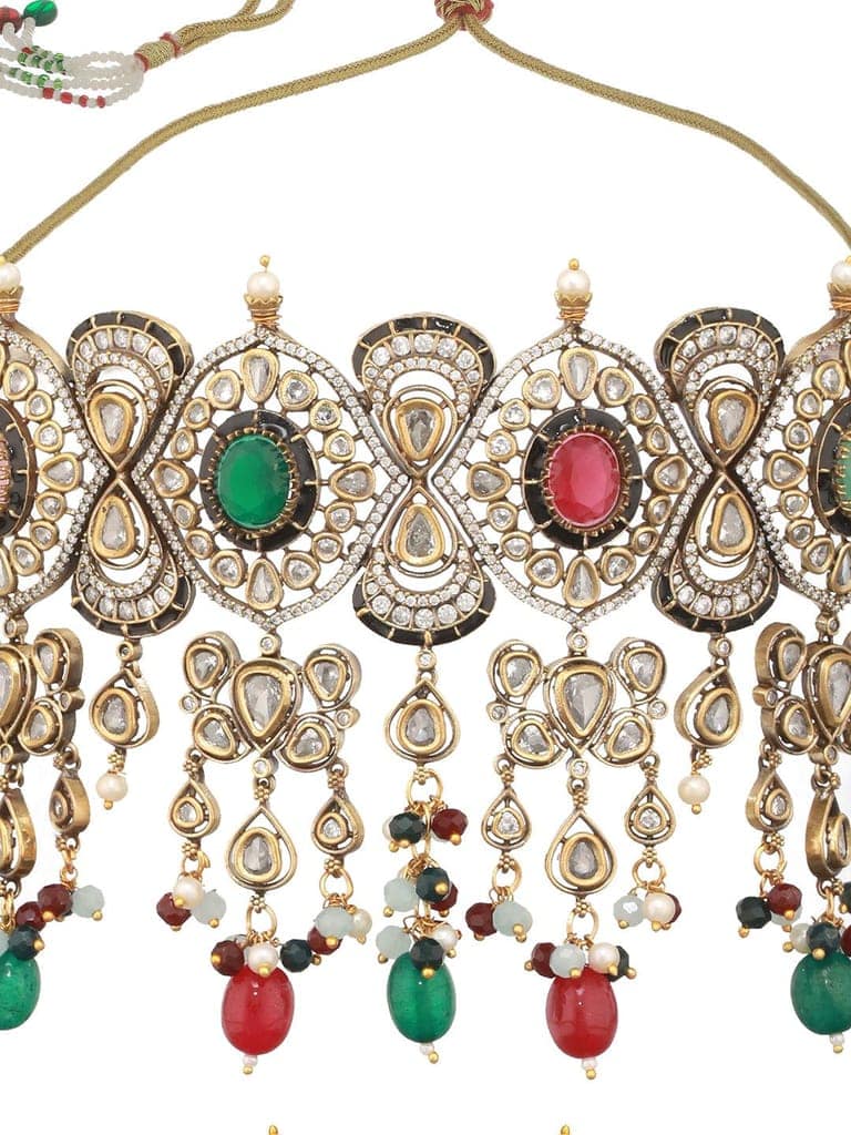 Gold Plated Kundan Studded Multicoloured Bridal Designer Choker Necklace Jewellery set view 4