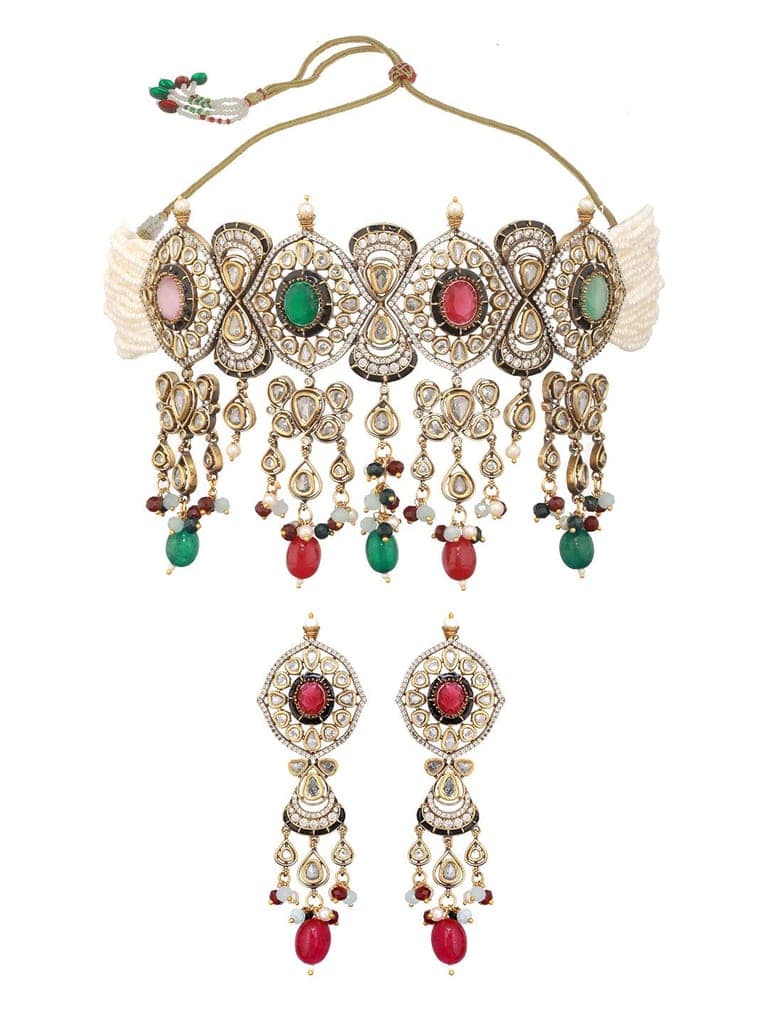 Gold Plated Kundan Studded Multicoloured Bridal Designer Choker Necklace Jewellery set view 5