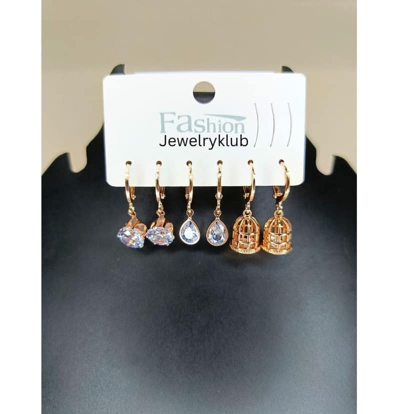 Jewelryklub Combo Of 3 Pairs Of American Diamond Earrings Rose Gold Plated Huggie Hoops For Girls Women view 3