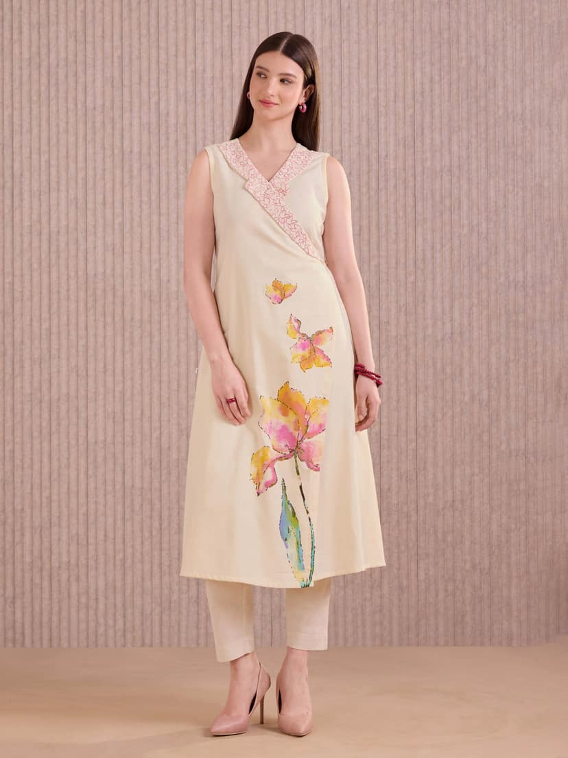 Ivory Cotton Slub Ankrakha Kurti With Print And Embroidery