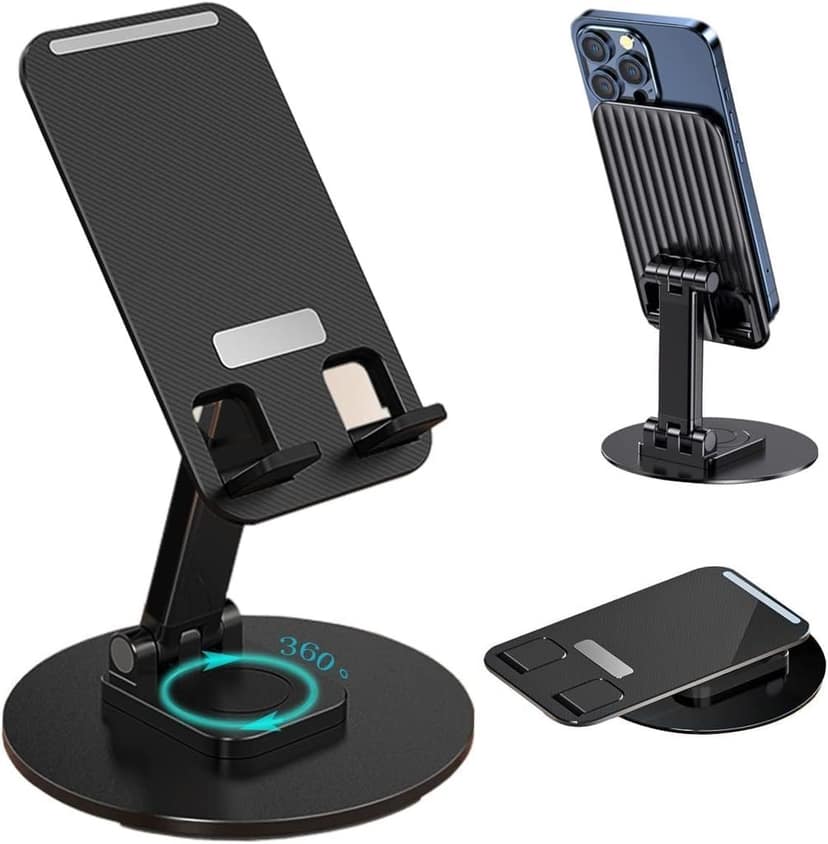 360° Rotation Adjustable Mobile Holder & Foldable Tablet Stand for Desk, Universal Height Angle Adjustable Phone Stand for Office & Travel (Black)