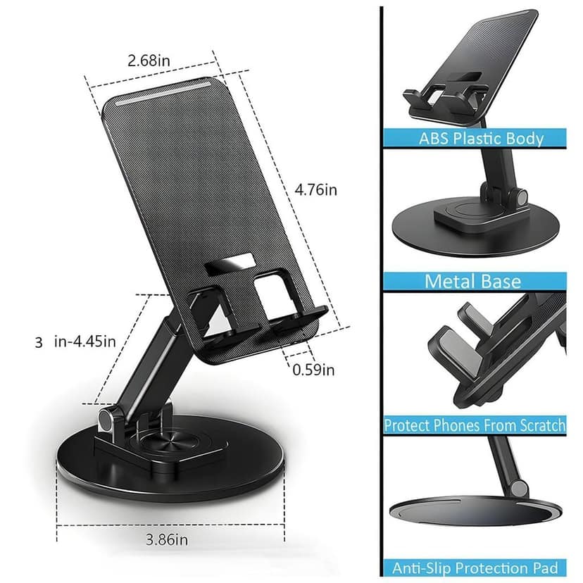 360° Rotation Adjustable Mobile Holder & Foldable Tablet Stand for Desk, Universal Height Angle Adjustable Phone Stand for Office & Travel (Black) view 3