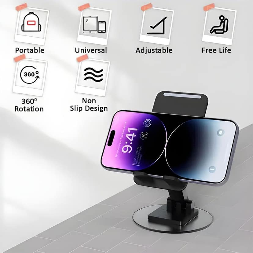 360° Rotation Adjustable Mobile Holder & Foldable Tablet Stand for Desk, Universal Height Angle Adjustable Phone Stand for Office & Travel (Black) view 6