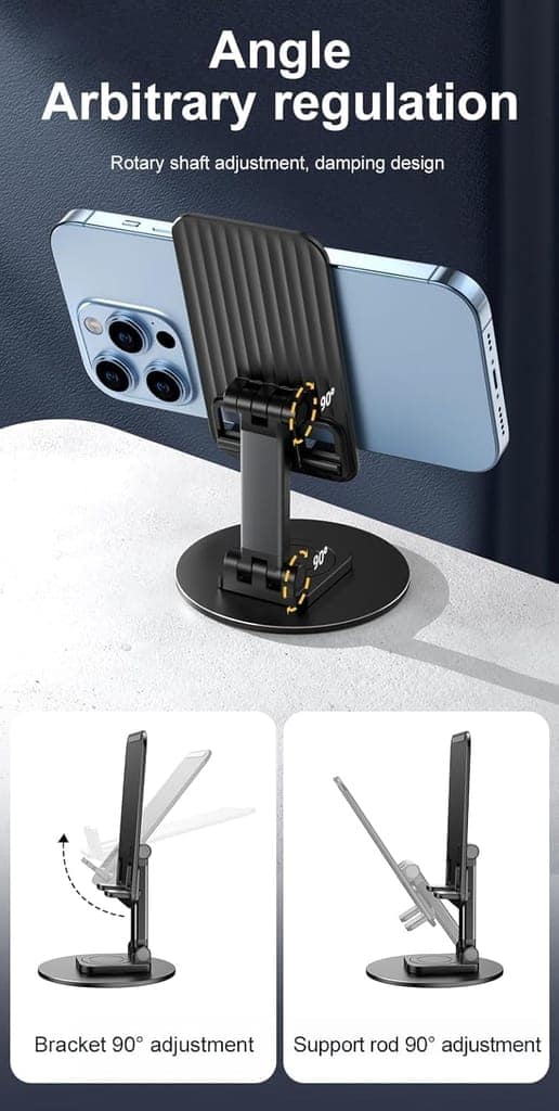 360° Rotation Adjustable Mobile Holder & Foldable Tablet Stand for Desk, Universal Height Angle Adjustable Phone Stand for Office & Travel (Black) view 7
