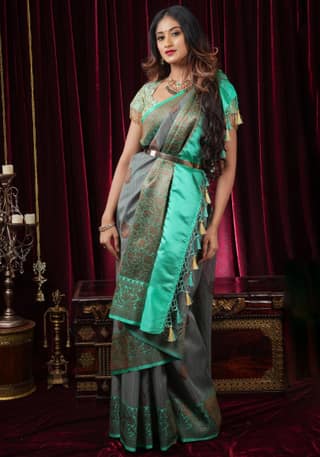 Gray Tussar Silk Banarasi Saree with Antique Tone Zari and Mint Green contrasting borders | SILK MARK CERTIFIED