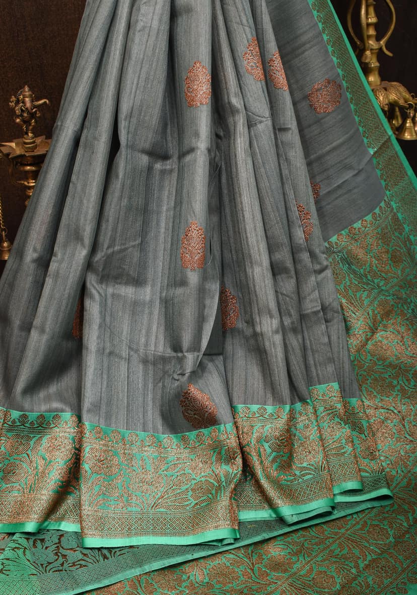Gray Tussar Silk Banarasi Saree with Antique Tone Zari and Mint Green contrasting borders | SILK MARK CERTIFIED view 8
