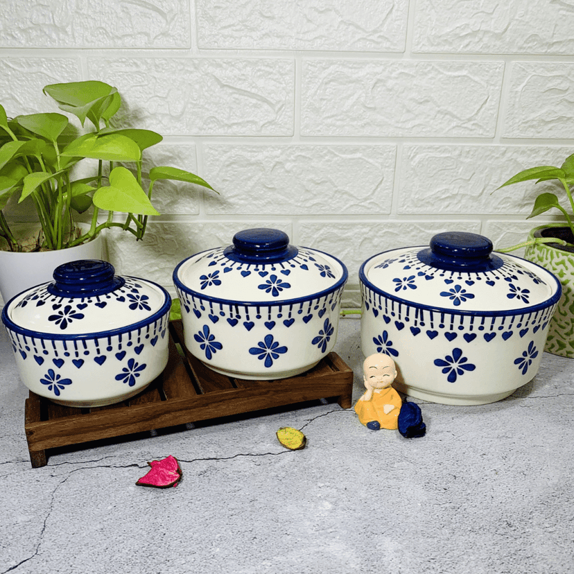 Homefrills Ceramic 3 Pcs Handprinted Multipurpose Storage Ceramic Jars & Containers/Casseroles/Donga/serving Bowl with Lid Microwave & Dishwasher Safe- Set of 3 colour- Blue