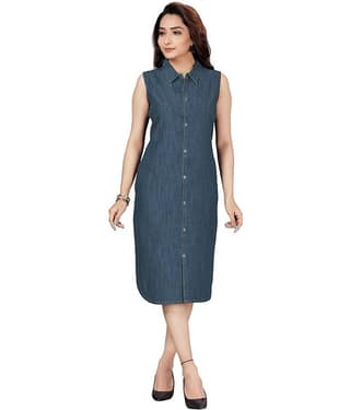 TAT2 FASHIONS Women Denim Solid Shift Dress ( Blue )