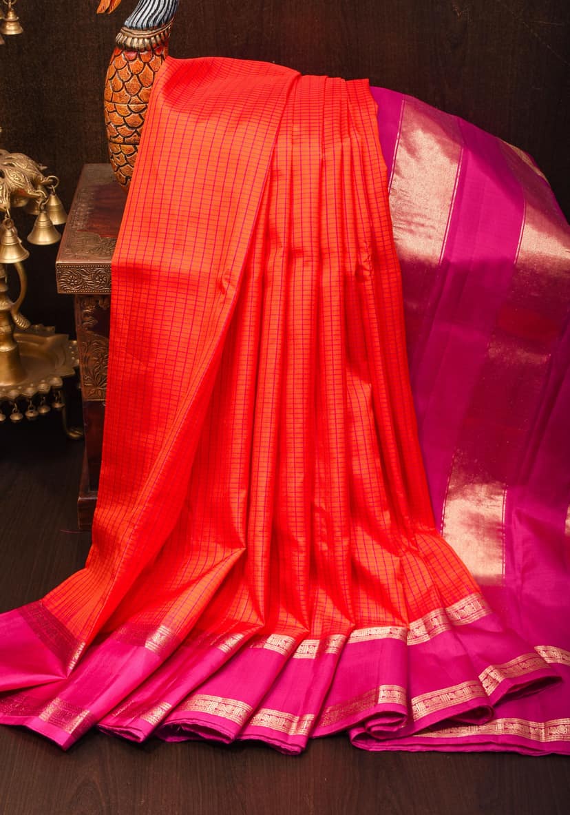 Stunning Fanta Orange Kanjivaram Soft Silk Saree with Checks and Magenta Borders | SILK MARK CERTIFIED view 2