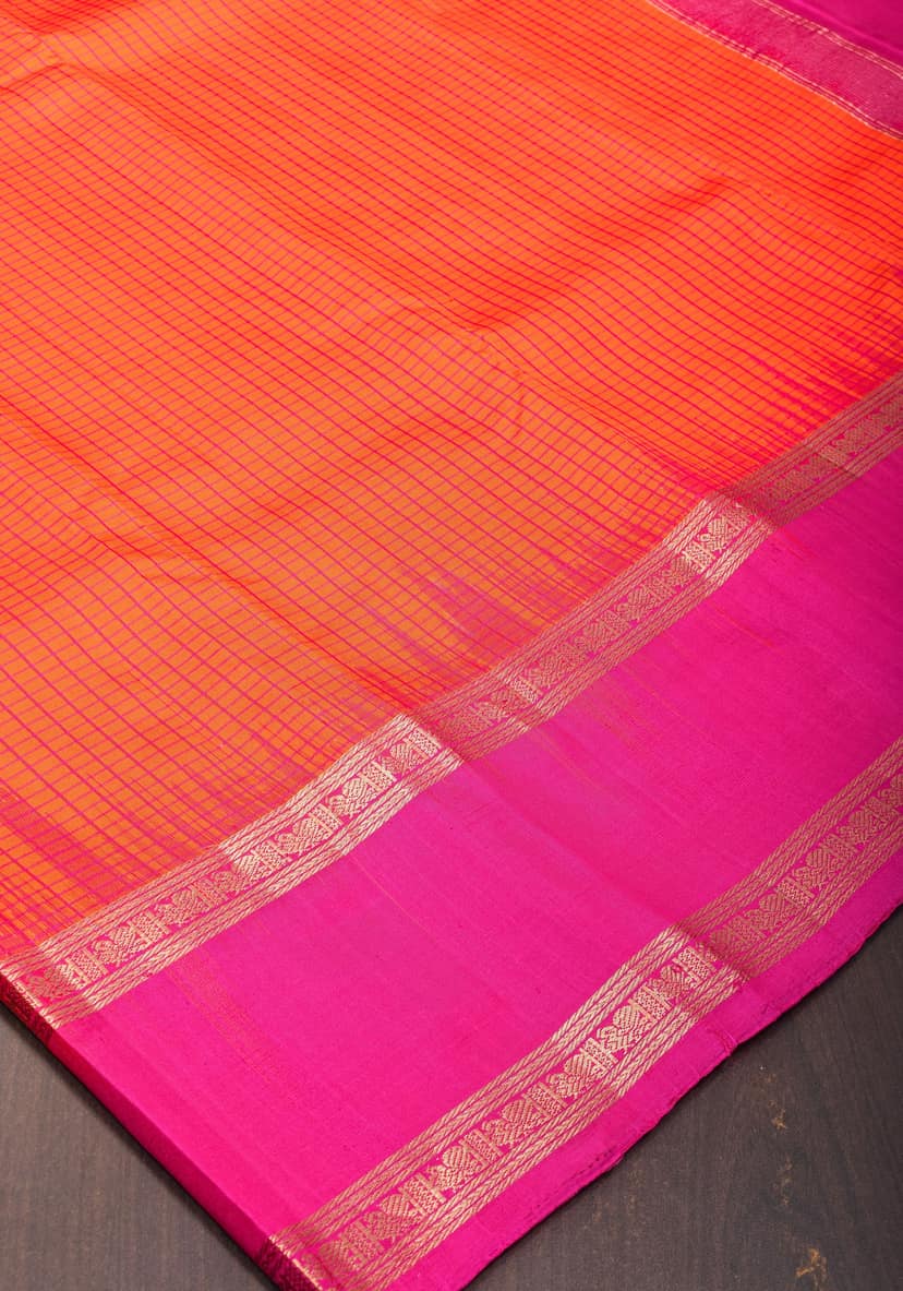 Stunning Fanta Orange Kanjivaram Soft Silk Saree with Checks and Magenta Borders | SILK MARK CERTIFIED view 3
