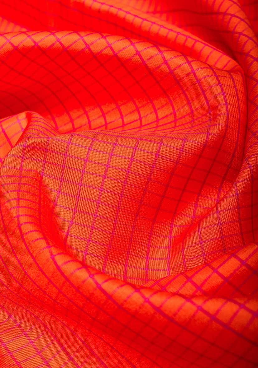 Stunning Fanta Orange Kanjivaram Soft Silk Saree with Checks and Magenta Borders | SILK MARK CERTIFIED view 4