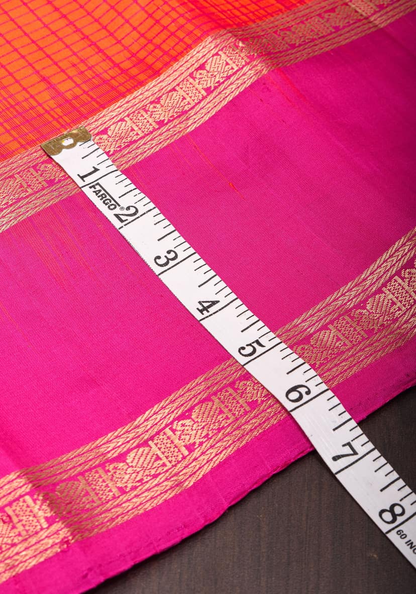 Stunning Fanta Orange Kanjivaram Soft Silk Saree with Checks and Magenta Borders | SILK MARK CERTIFIED view 5
