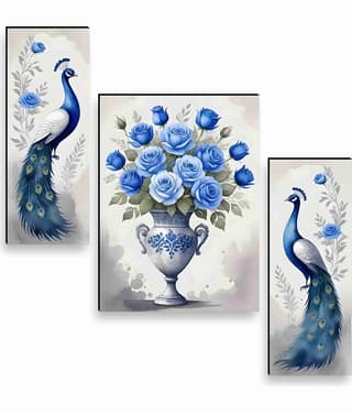Livin'luxe Peacock and Blue Rose Vase Wall Art – 3 Panel Floral and Bird Painting in Elegant Watercolor Style for Living Room & Hall Décor 12 Inch x 20 Inch