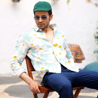 Lily Flower Light Turquoise Casual Pure Linen Full Shirt (Size - XL) by BLUE EAGLE