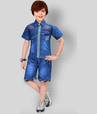 NewCollections Pack of 1 Boys Denim Shirt & Shorts Set ( Blue )