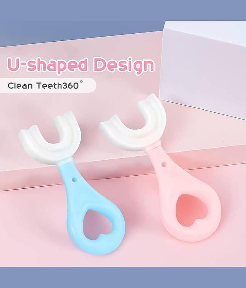 Professional Silicone Tooth Brush for Kids, U Shaped Baby Tooth Brush with 360 Degree Soft Bristles for Cleaning, Suitable for 2-6 years, Easy to hold, Pack of 2 (Blue & Pink) view 2