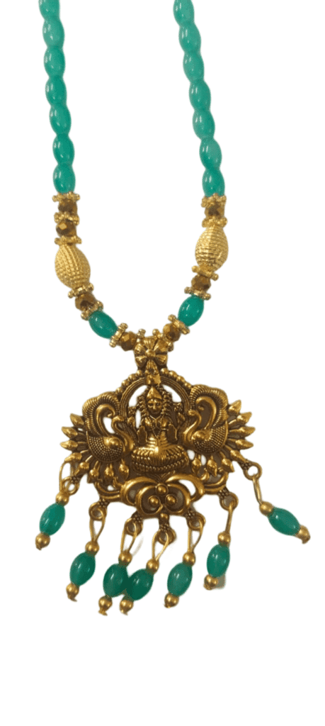 Stunning Ethnic Gold-Plated Pendant Necklace with Green Beads for Women" view 2
