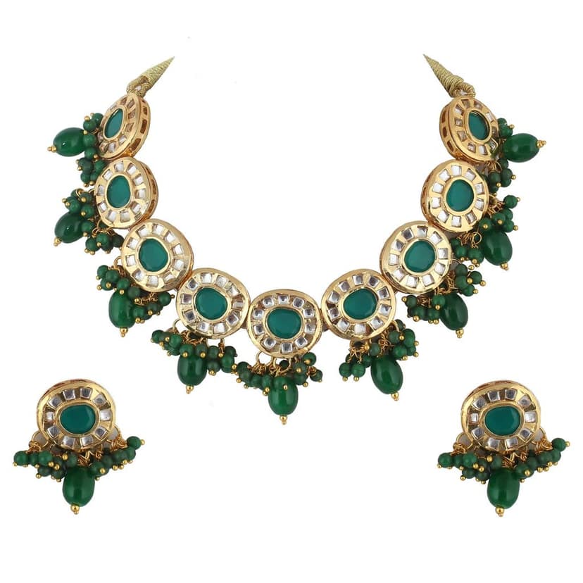 Lucky Jewellery Meenakari 18k Gold Plated Green Color Earring Combo Uncut Big Faux Kundan Choker Necklace set (1010-J5SK-1816-G) view 2