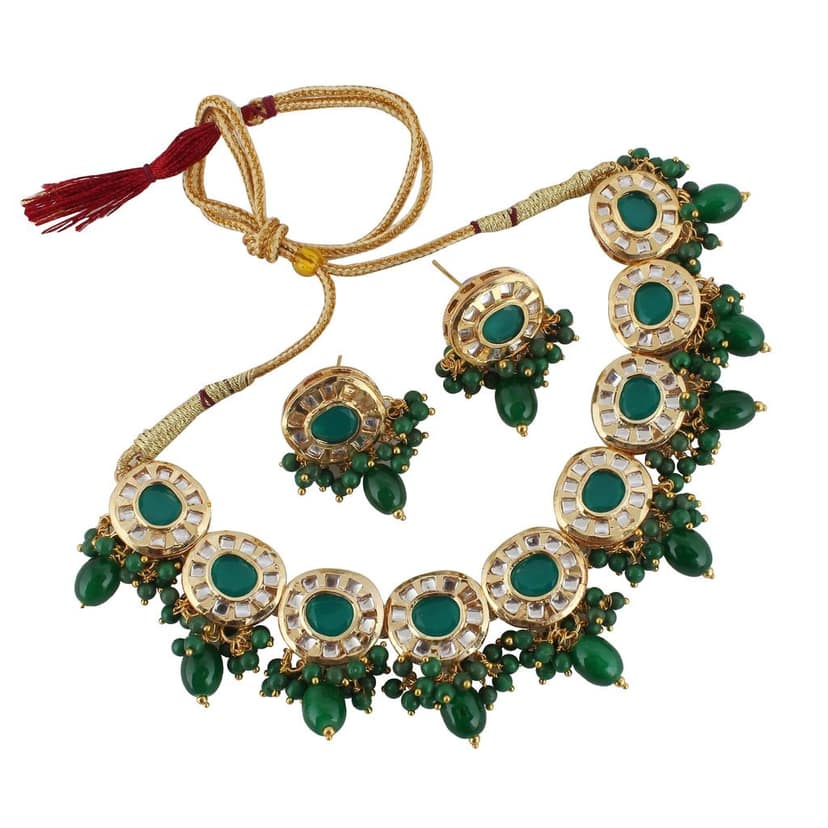 Lucky Jewellery Meenakari 18k Gold Plated Green Color Earring Combo Uncut Big Faux Kundan Choker Necklace set (1010-J5SK-1816-G) view 3
