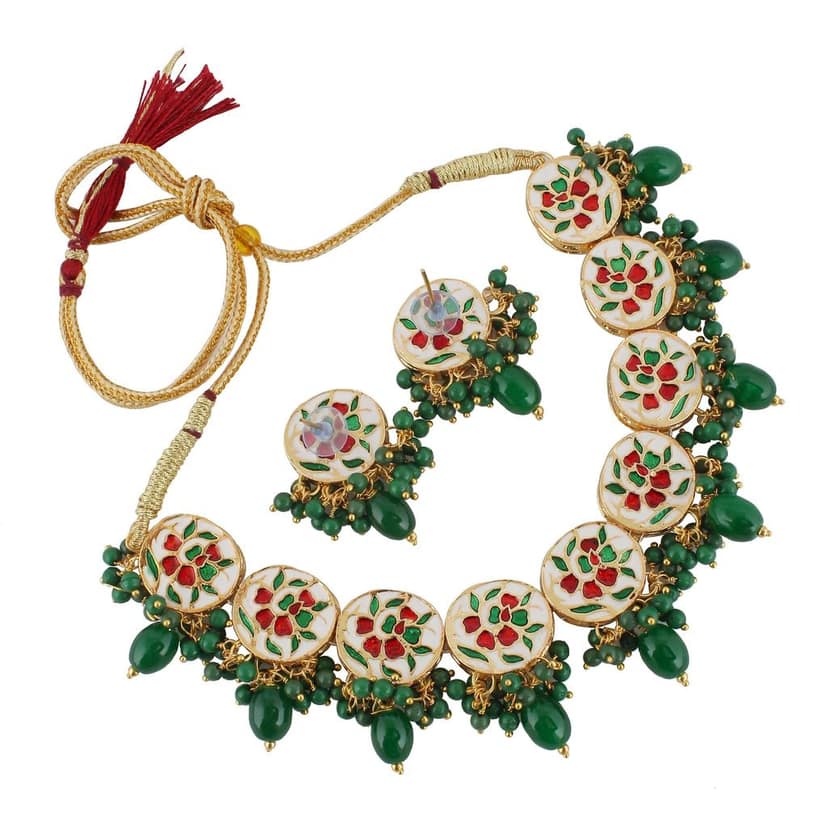 Lucky Jewellery Meenakari 18k Gold Plated Green Color Earring Combo Uncut Big Faux Kundan Choker Necklace set (1010-J5SK-1816-G) view 4
