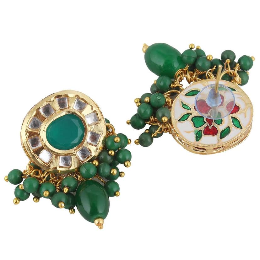 Lucky Jewellery Meenakari 18k Gold Plated Green Color Earring Combo Uncut Big Faux Kundan Choker Necklace set (1010-J5SK-1816-G) view 5