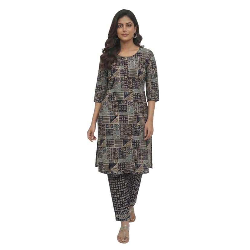 Mom and Me Women's Cotton Kurta Co-Ord Set | 3/4 Sleeves Round Neck | Ethnic Printed, Casual Summer Wear | Ethnic Co Ord Set for Women (IN, Alpha, XL, Regular, Navy Blue)