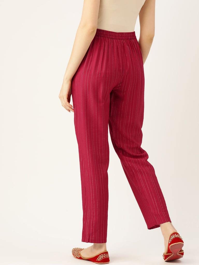 Women Striped Smart Straight Fit Cotton Trousers view 2