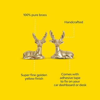A pair of handcrafted 100% pure brass deer figurines with super fine golden yellow finish, comes with adhesive tape to fix on your car dashboard or desk pack of 2