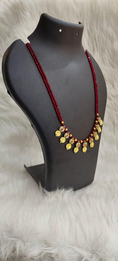 Delicate Traditional Indian Gold Plated Laxmi Coin Necklace Set with Red Beads view 2
