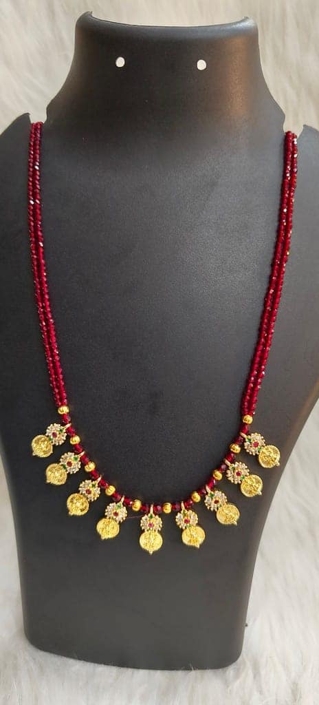 Delicate Traditional Indian Gold Plated Laxmi Coin Necklace Set with Red Beads view 4