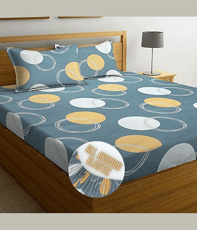 Apala Microfibre Abstract Printed Fitted Double Bedsheet With 2 Pillow Covers- Gray