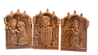 Terracotta Wall Hanging of Radha Krishna Playing Flute, Set of 3