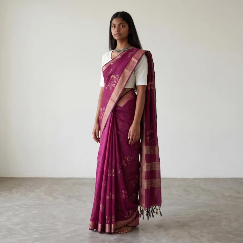 Handwoven Sambalpuri Baandha Ikat Cotton Saree in Wine, with Blouse view 2