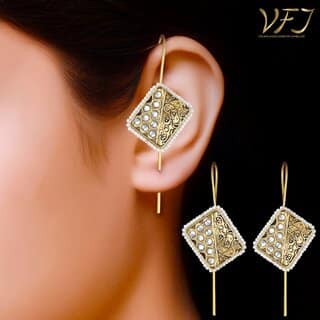 Vivastri Enamelled Polki Kundan Gold Plated Pearl Alloy Ear cuff,Cuff Earrings for Women & Girls - VIVA2816ERG view 2