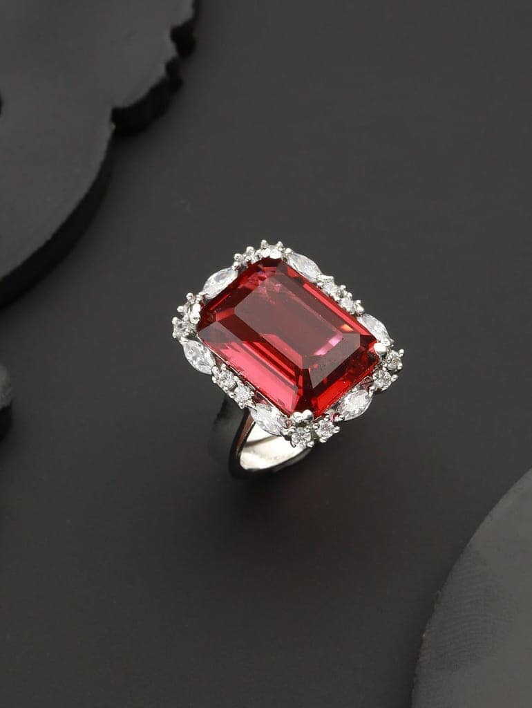 Silver Toned Red Ruby CZ Studded Cocktail Designer Finger Ring view 2