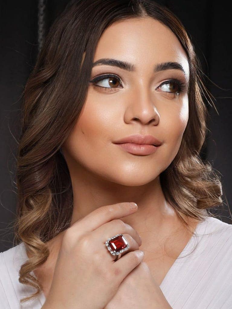 Silver Toned Red Ruby CZ Studded Cocktail Designer Finger Ring view 3